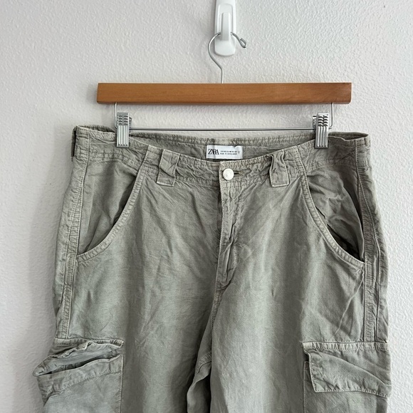 Zara TRF Sage Green Linen Blend Oversized Mid Rise Cargo Pants 10 - Picture 12 of 12